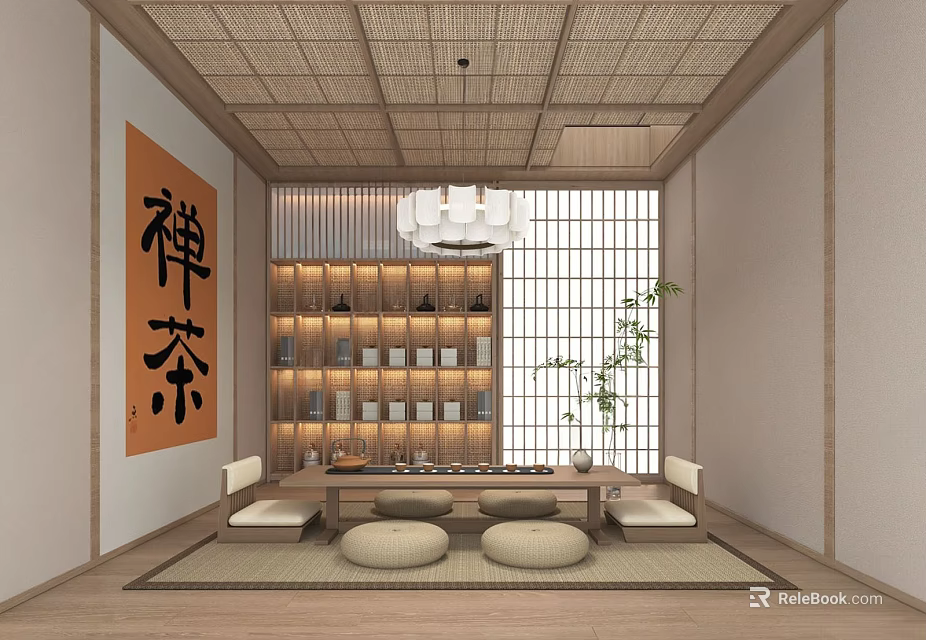 Japanese Tea Room With Tatami Seating Round Cushions Zen Tea Calligraphy And Bamboo Ceiling 3d model 