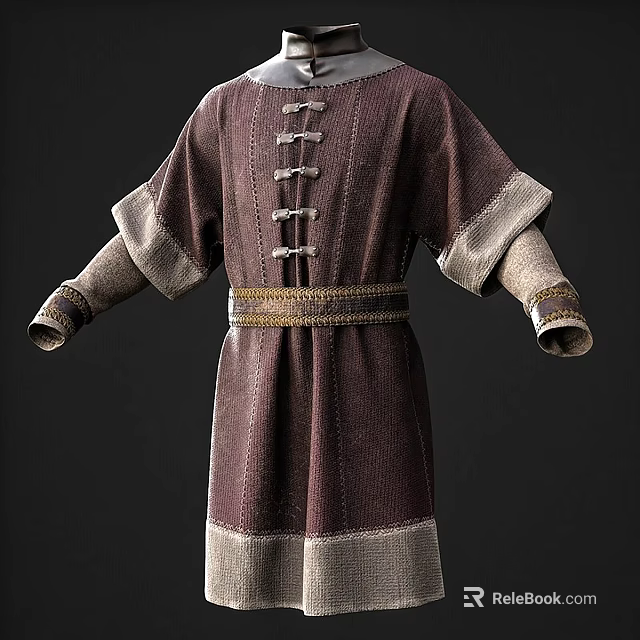 Medieval Style Robe With Long Sleeves Five Buttons Golden Belt And Gray Trim Design 3d model 