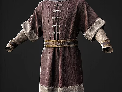 Medieval Style Robe With Long Sleeves Five Buttons Golden Belt And Gray Trim Design 3d model