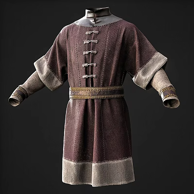Medieval Style Robe With Long Sleeves Five Buttons Golden Belt And Gray Trim Design 3d model