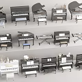 Various Styles of Musical Instruments Including Grand and Upright Pianos with Benches