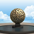 Golden Hollow Sphere Garden Ornament With Decorative Patterns And Water Basin Base