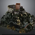 3D Model of Hilltop Castle With Red Tower Stone Walls and Mountainous Terrain