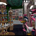 Pink Panther Themed Shopping Mall Store With Castle Shaped Decor Green Walls And Product Shelves