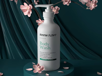 Body Wash Product Display With Pink Flowers On Teal Background 3d model