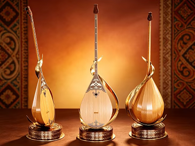 Handcrafted Wooden Musical Instruments With Golden Base And Carved Decoration On Decorative Painted Background 3d model