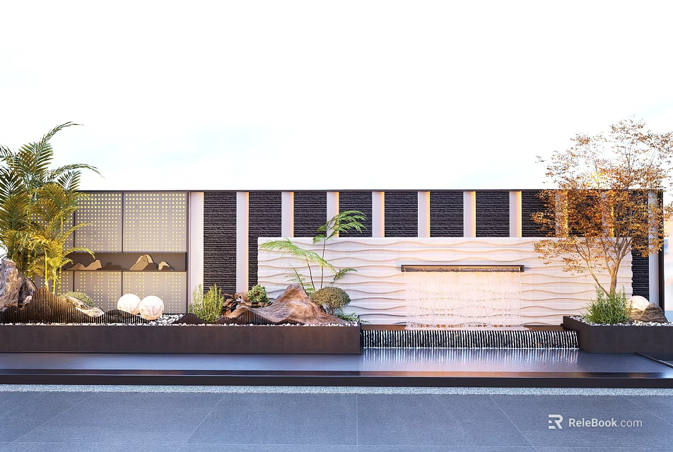 Contemporary Landscape Feature Wall with Waterfall Decorative Plants and Textured Stone Design 3d model 