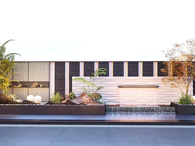 Contemporary Landscape Feature Wall with Waterfall Decorative Plants and Textured Stone Design 3d model