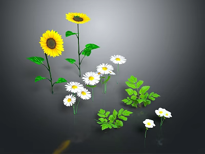 Vibrant Floral Arrangement With Yellow Sunflowers White Flowers And Green Leaves 3d model