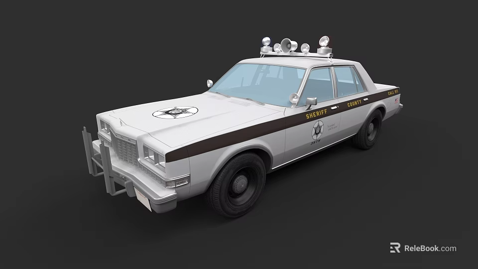 Classic Police Car With White Body Black Stripes Roof Emergency Lights And Badge 3d model 