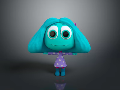 Cute Cartoon Character Turquoise Hair Big Eyes Purple Polka Dot Dress Blue Shoes Outstretched Arms 3d model