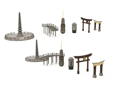 Ancient Architecture Elements Featuring Traditional Pagoda Stone Bridge and Decorative Torii Gate 3d model
