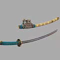 Traditional Japanese Katana Swords with Blue Gold Handle Yellow Sheath and Ornamental Details
