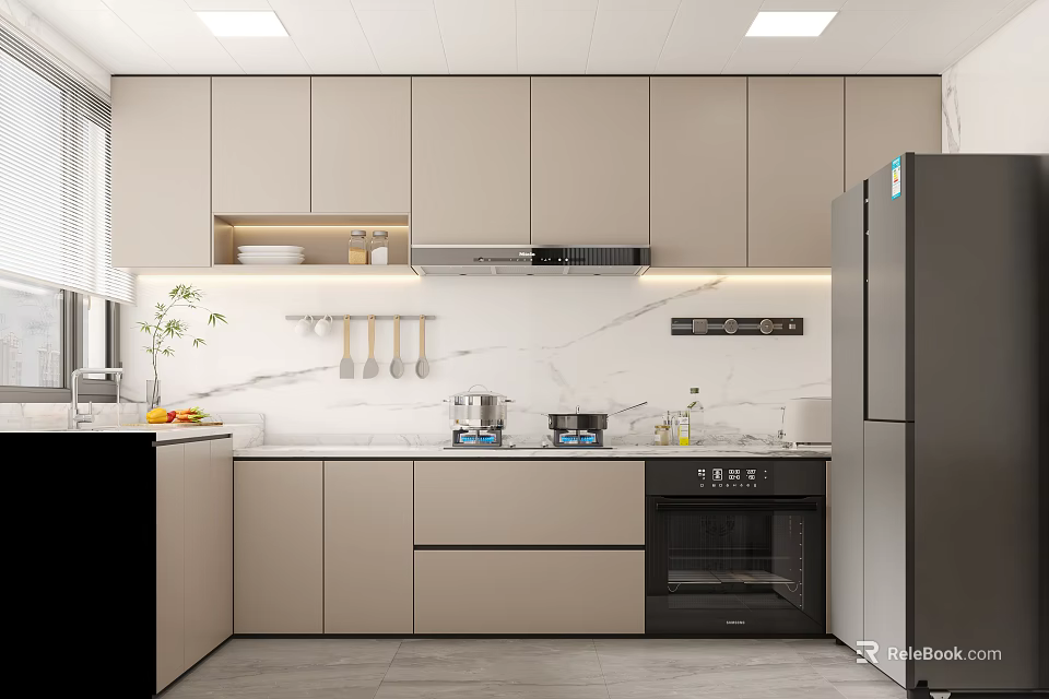 Modern Kitchen Interior With Light Gray Cabinets Marble Countertop And Appliances 3d model 