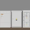 White Electrical Control Cabinets Featuring Warning Signs And Diverse Panel Designs