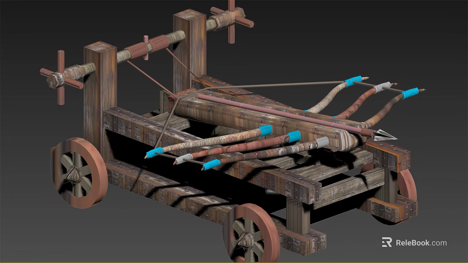 Ancient Medieval Siege Weapon Featuring Wooden Frame Multiple Arrows And Mobile Wheels 3d model