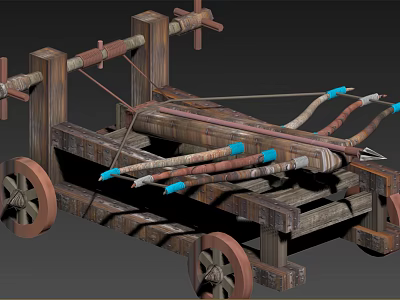 Ancient Medieval Siege Weapon Featuring Wooden Frame Multiple Arrows And Mobile Wheels 3d model