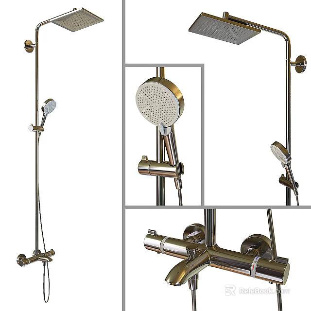 Modern Shower System With Overhead And Handheld Shower Heads And Control Knobs 3d model 