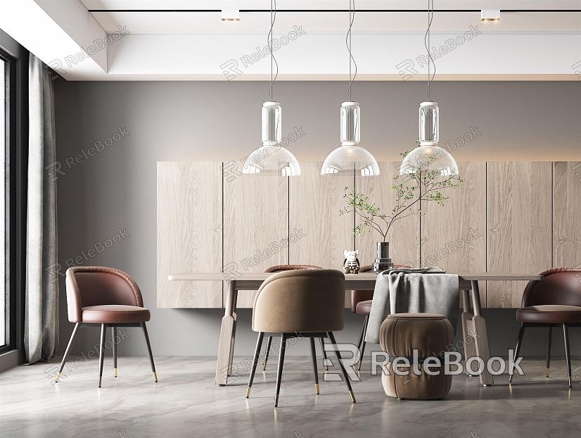 Modern Restaurant Study Desk and Chair Combination Bookshelf Bookcase Desk Chandelier Study Decoration Decoration Green Planting model