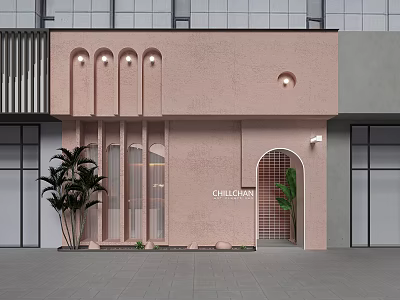 CHILLVAN Storefront Pink Facade With Arch Design Glass Door Decorative Lights And Green Plants 3d model