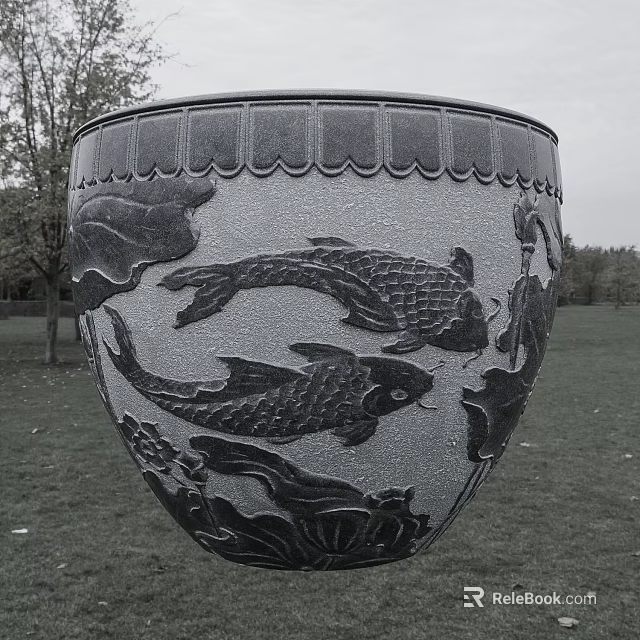 Carved Stone Fish Tank With Koi Fish And Lotus Leaf Patterns For Aquarium Decor 3d model 