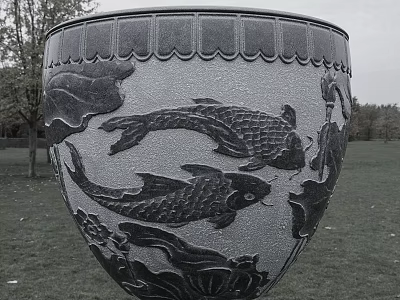 Carved Stone Fish Tank With Koi Fish And Lotus Leaf Patterns For Aquarium Decor 3d model