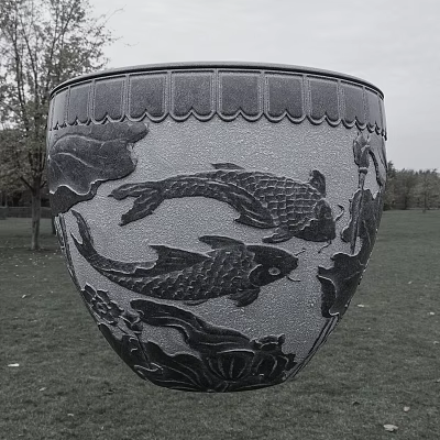 Carved Stone Fish Tank With Koi Fish And Lotus Leaf Patterns For Aquarium Decor 3d model