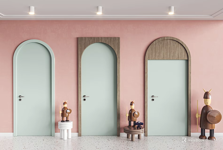 Arched Light Green Hinged Doors With Wooden Frames In Pink Interior And Speckled Floor 3d model 