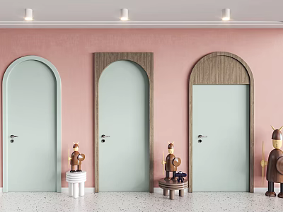 Arched Light Green Hinged Doors With Wooden Frames In Pink Interior And Speckled Floor 3d model