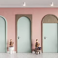 Arched Light Green Hinged Doors With Wooden Frames In Pink Interior And Speckled Floor