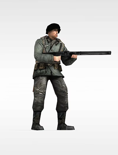 Man Standing In Green Military Uniform Holding Long Rifle With Ammunition Pouches 3d model