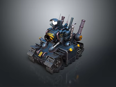 Futuristic Dark Blue Tank 3D Model With Multiple Weapon Turrets And Armored Tracked Chassis 3d model
