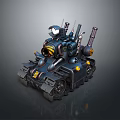 Futuristic Dark Blue Tank 3D Model With Multiple Weapon Turrets And Armored Tracked Chassis