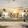 Coastal Commercial Street with Beachfront Area High Rise Buildings and Green Landscaping