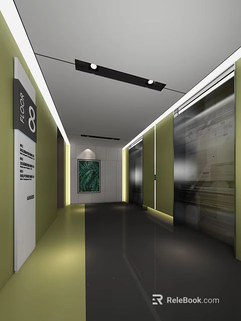 Modern Elevator Hallway Interior With Bright Lighting Elevator Doors And Green Decorative Painting 3d model