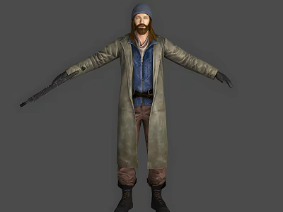 Bearded Man Wearing Long Coat Blue Shirt Brown Pants Black Boots Holding Gun 3d model