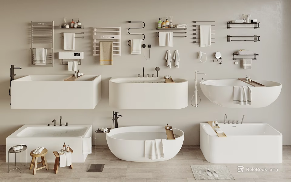 Modern Bathtub Designs In Bathroom Interior Featuring Towel Racks Accessories Stools And Towels 3d model 