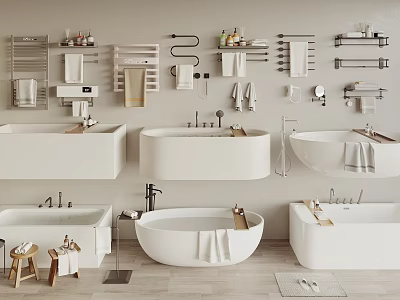 Modern Bathtub Designs In Bathroom Interior Featuring Towel Racks Accessories Stools And Towels 3d model
