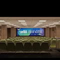 Spacious Auditorium Interior With Green Seats Wooden Walls And Ceiling Lights