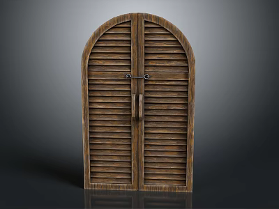 Wooden Louvered Double Door With Arched Top And Metal Handle Design 3d model