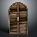 Wooden Louvered Double Door With Arched Top And Metal Handle Design