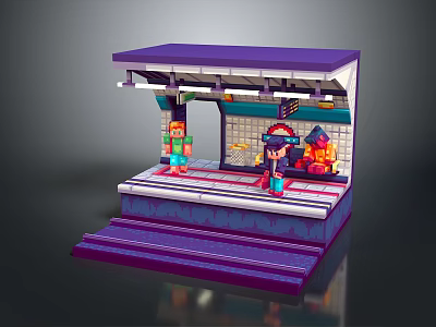 Modern Stylish Pixel Scene Featuring Purple Platform And Two Standing Characters 3d model