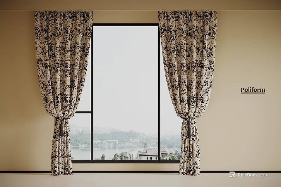 Patterned Curtains Draped On Large Window With Scenic View And Beige Wall 3d model 