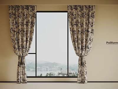 Patterned Curtains Draped On Large Window With Scenic View And Beige Wall 3d model