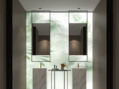 Modern Minimalist Bathroom With Double Marble Vanities Green Leaf Pattern Walls And Mirrors 3d model