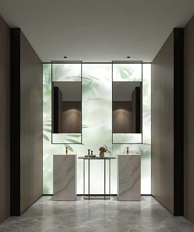 Modern Minimalist Bathroom With Double Marble Vanities Green Leaf Pattern Walls And Mirrors 3d model