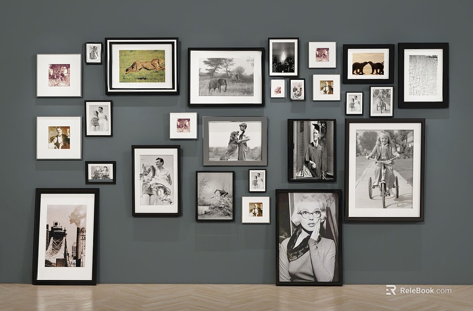 Abstract Paintings Gallery Wall With Various Framed Artworks In Black White Color And Different Sizes 3d model 