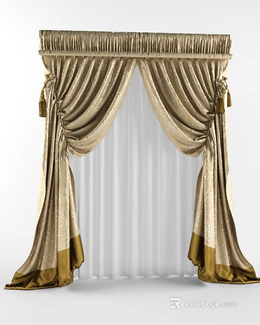 Elegant Golden Textured Curtains With Double Layer Sheer Inner And Tassel Accents 3d model 