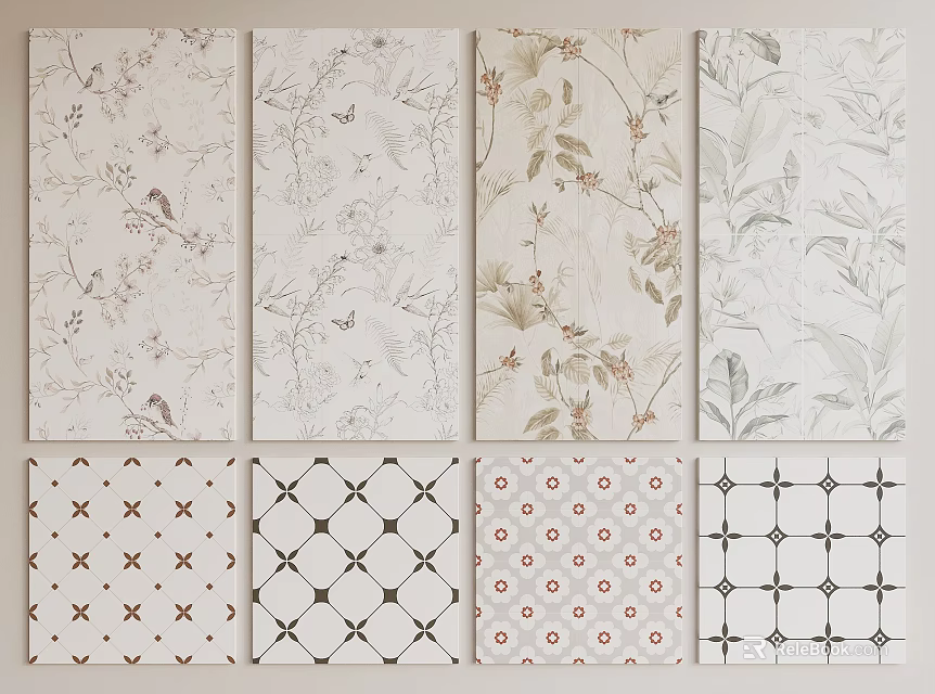 Stylish Decorative Floor Tiles With Various Floral And Geometric Design Patterns 3d model 