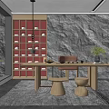 Traditional Tea Room Interior With Rock Wall Wooden Table Stools Green Plant And Bamboo View
